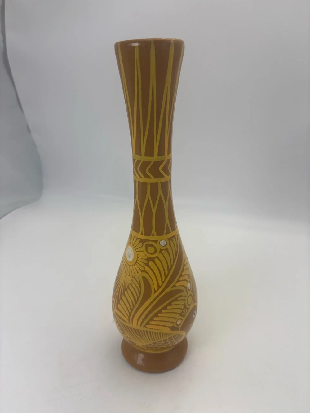 Vintage Mexican Folk Art Redware Pottery Vase in Yellow